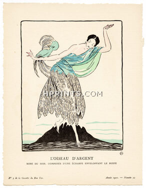 L'Oiseau d'Argent, 1921 - L'Hom, Robe du soir, composée d'une écharpe enveloppant le buste. La Gazette du Bon Ton, n°5 — Planche 33