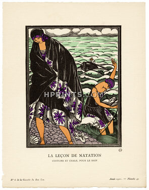 La Leçon de Natation, 1921 - Fernand Simeon, Costume et châle pour le bain. La Gazette du Bon Ton, n°6 — Planche 41
