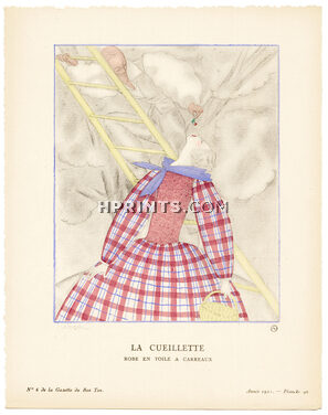 La Cueillette, 1921 - Georges Lepape, Robe en toile à carreaux. La Gazette du Bon Ton, n°6 — Planche 42
