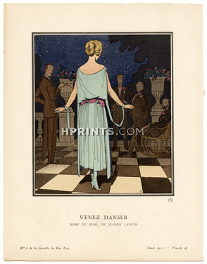 Venez Danser, 1921 - Pierre Brissaud, Robe du soir de Jeanne Lanvin. La Gazette du Bon Ton, n°6 — Planche 45