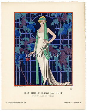 Des Roses Dans la Nuit, 1921 - George Barbier, Robe du soir, de Worth. La Gazette du Bon Ton, n°7 — Planche 54