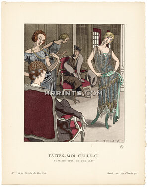 Faites-moi celle-ci, 1921 - Pierre Brissaud, Robe du soir de Doeuillet. La Gazette du Bon Ton, n°7 — Planche 56