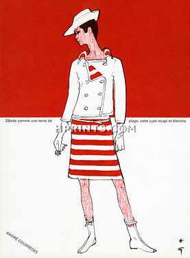Le Style Courrèges 1965 René Gruau, Jupe zébrée rouge et blanche