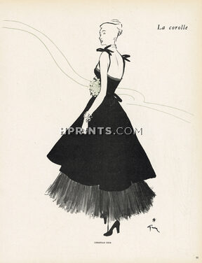 Christian Dior 1947 La Corolle, Black Evening Gown, René Gruau