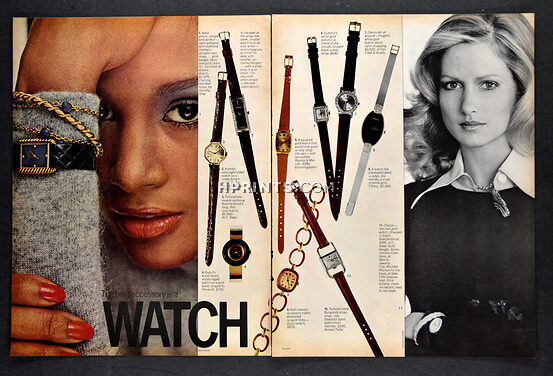 The best accessory is a Watch, 1974 - Van Cleef & Arpels, Trifari, Baume & Mercier, Gübelin, Hermès, Tiffany, Bueche Girod