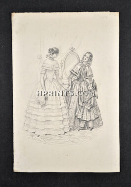 Julie Ribault 1841 Original Fashion Drawing, 19th Century Costumes