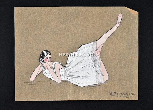 A. Moussette 1927 Ballerina, Original Fashion Drawing, Gouache on thin tracing paper