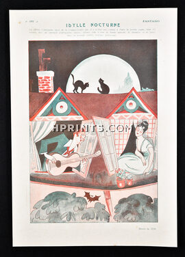 Idylle Nocturne, 1923 - Tor Guitar, Lovers, Cats