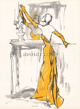 Jacques Fath 1952 Sylvia Braverman, backless yellow, Evening Gown, gloves