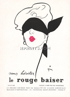 Rouge Baiser (Cosmetics) 1950 Lipstick, Scarf, René Gruau