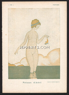Poisson d'Avril, 1918 - April Fool, Naked Swimmer Catches A Fish, Torné-Esquius