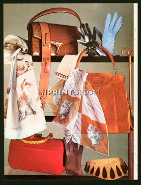 Hermès (Carré, Sac croco, ceinture) 1955 Roger Faré, Violette Cornille, Bianchini Férier (Echarpe), Védrenne... Photo Pottier