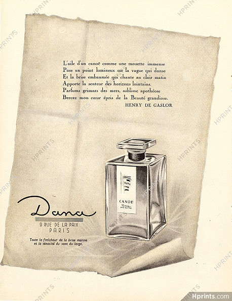 Dana (Perfumes) 1944 Canoe, Texte Henry de Gaslor
