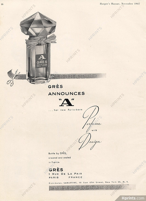 Grès (Perfumes) 1947 Announces "A"