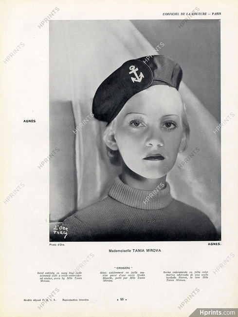 Agnès (Millinery) 1936 Sailor's hat, Tania Mirova