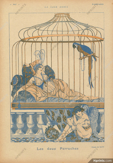 Savy 1918 ''Les deux Perruches'' Parakeets Bird Attractive Girl