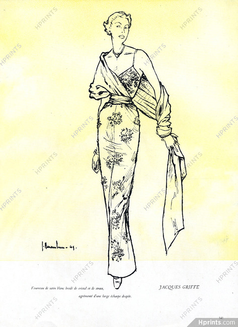 Jacques Griffe 1949 Fourreau de satin brodé, écharpe drapée,