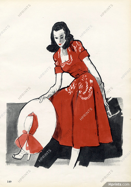 Germaine Lecomte 1946 Red Summer Dress, Gruau