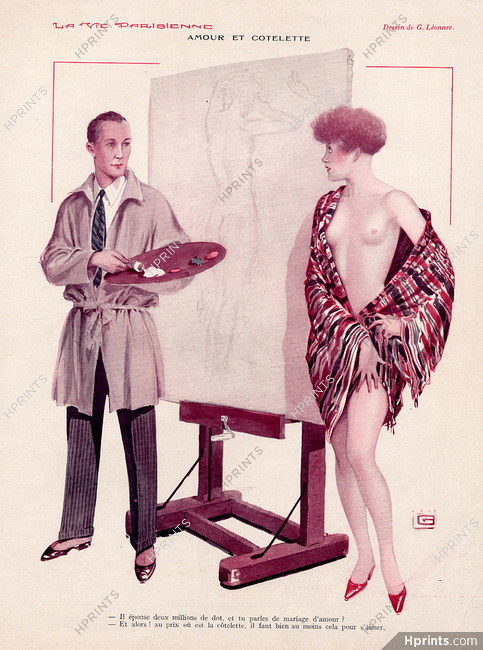 Léonnec 1929 ''Amour et Cotelette'' Artist model, topless