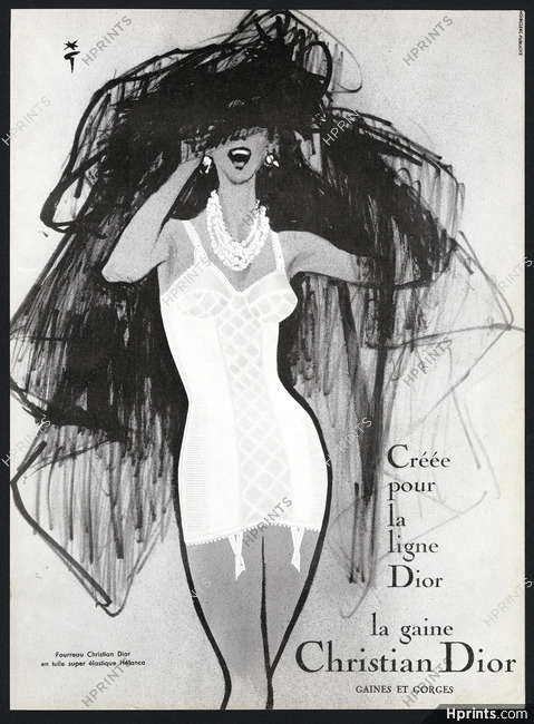 Christian Dior (Lingerie) 1959 René Gruau, Fourreau en tulle Helanca (b&w)