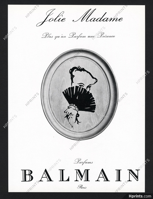 Pierre Balmain (Perfumes) 1963 Jolie Madame, hand fan, René Gruau