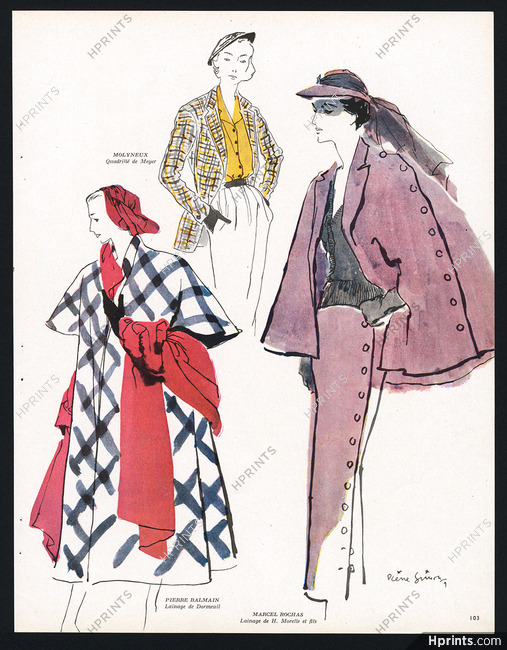 Pierre Balmain, Marcel Rochas, Molyneux 1949 E. Meyer & Cie, Dormeuil Frères... Illustration Pierre Simon