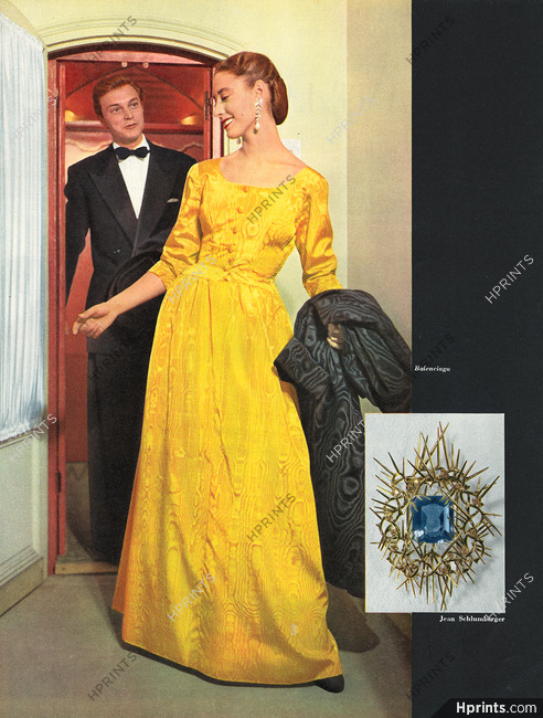 Balenciaga 1953 Robe en soie moirée, Make up Elizabeth Arden, Jewel Jean Schlumberger