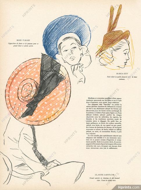 Claude Saint-Cyr, Rose Valois, Maria Guy 1946 Hats, René Gruau