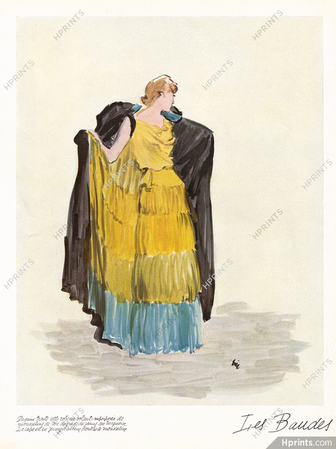 Paquin 1937 Volants superposés, tons dégradés de jaune et turquoise, cape en jersey, Eric