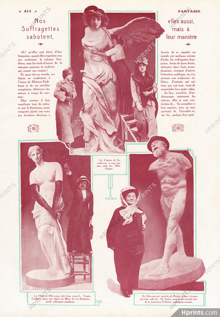 Victory of Samothrace, Venus de Milo, L'homme qui marche (Rodin) 1914 "Nos Suffragettes Sabotent" Mlle Polaire, Yvette Guilbert, Jaurès
