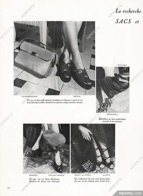 Sacs et souliers 1947 Violette Cornille, Drettas, Schiaparelli, Richomme, Henry a la Pensée, Bunting