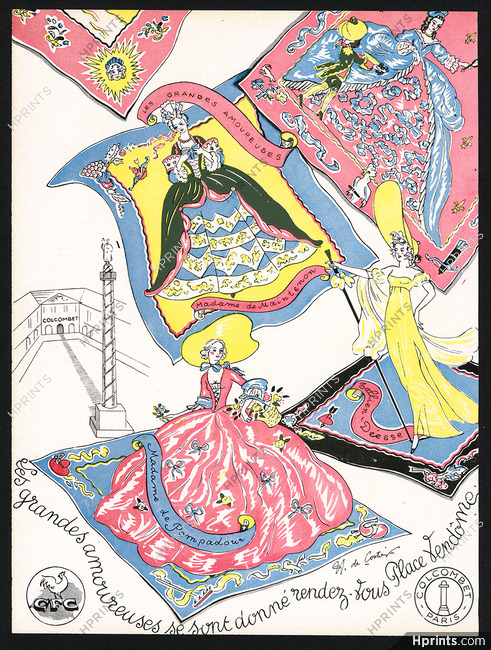 Colcombet 1944 "Les Grandes Amoureuses" Scarves, Madame de Pompadour, Madame de Maintenon...