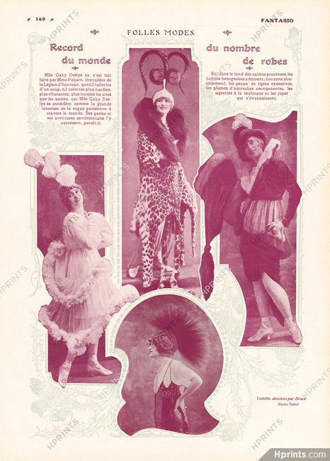 Folles Modes 1913 Gaby Deslys got made by Mme Paquin 63 dresses designed by Etienne Drian, Photos Talbot