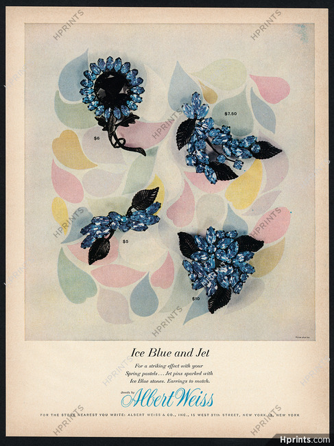 Albert Weiss (Jewels) 1962 Ice Blue and Jet Pins