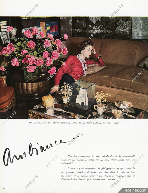 Gabrielle Chanel 1939 Coco Chanel Portrait with favorite Roses Flowers, Interior Decoration
