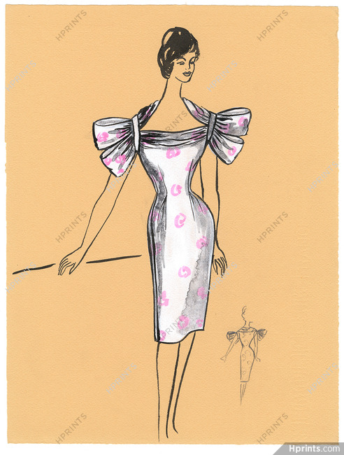 Blanche Bassia 1960 Original Fashion Drawing, White And Pink Dress Ribbons