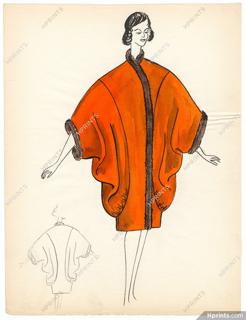 Blanche Bassia 1960 Original Fashion Drawing, Orange Coat