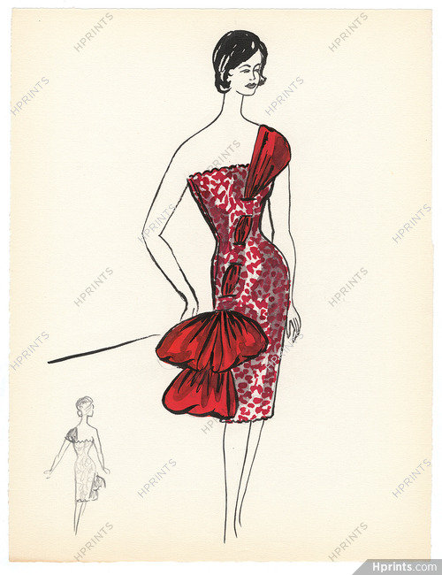 Blanche Bassia 1960 Original Fashion Drawing, Red And White Dress Ribbons