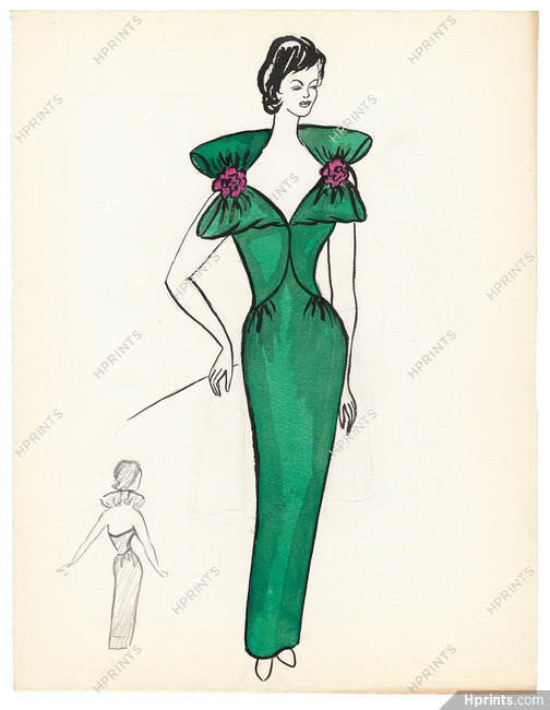Blanche Bassia 1960 Original Fashion Drawing, Green Dress Ribbons