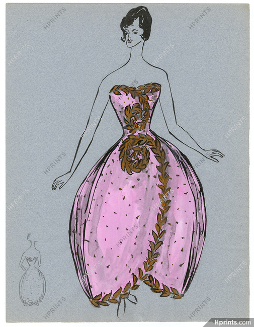 Blanche Bassia 1960 Original Fashion Drawing, Pink Strapless Dress