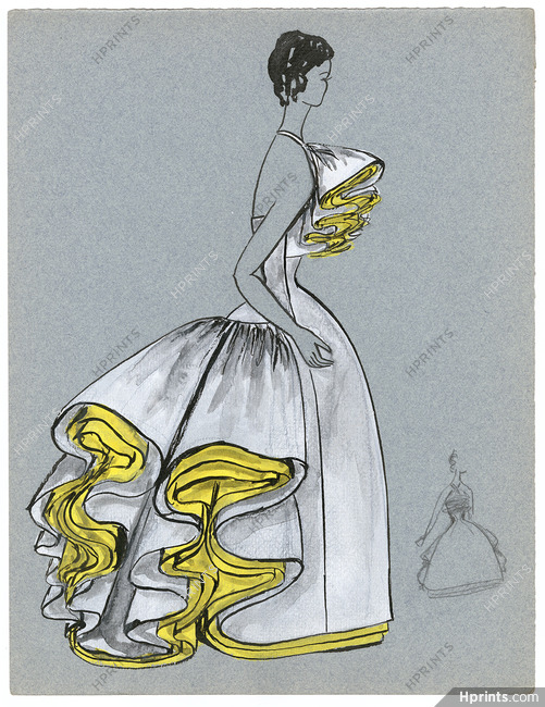 Blanche Bassia 1960 Original Fashion Drawing, White Dress Yellow Petticoats