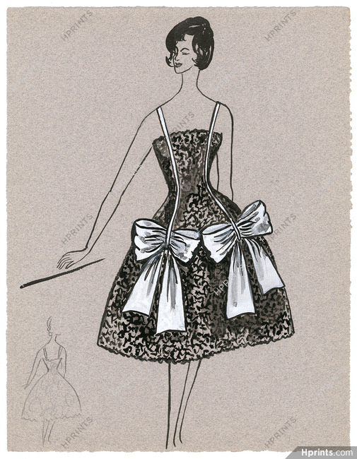 Blanche Bassia 1960 Original Fashion Drawing, Black Lace Dress White Ribbons