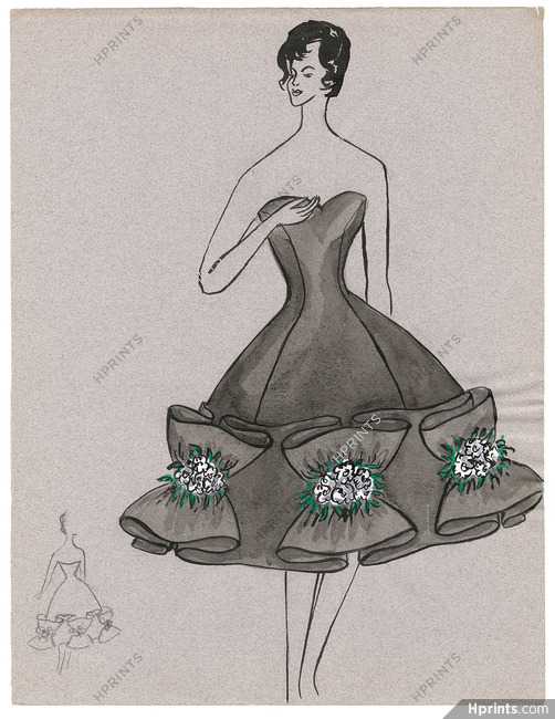 Blanche Bassia 1960 Original Fashion Drawing, Black Dress Ribbons With Flowers