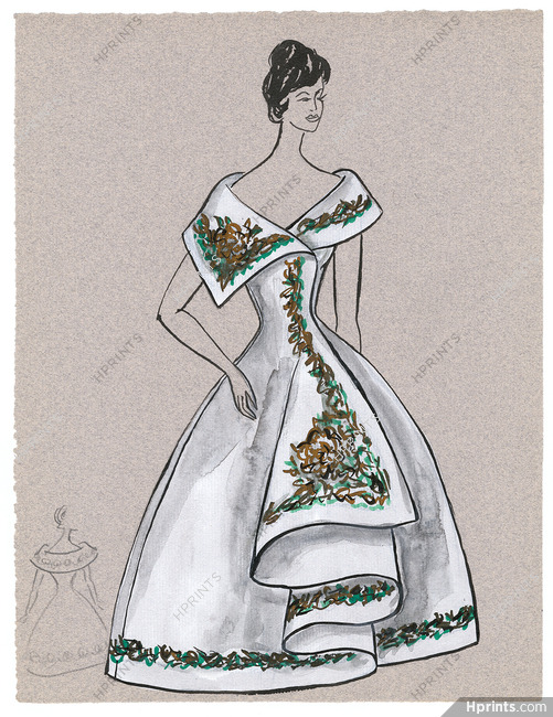 Blanche Bassia 1960 Original Fashion Drawing, White Embroided Dress