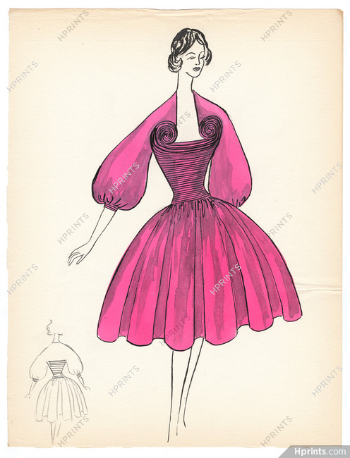 Blanche Bassia 1960 Original Fashion Drawing, Pink Dress