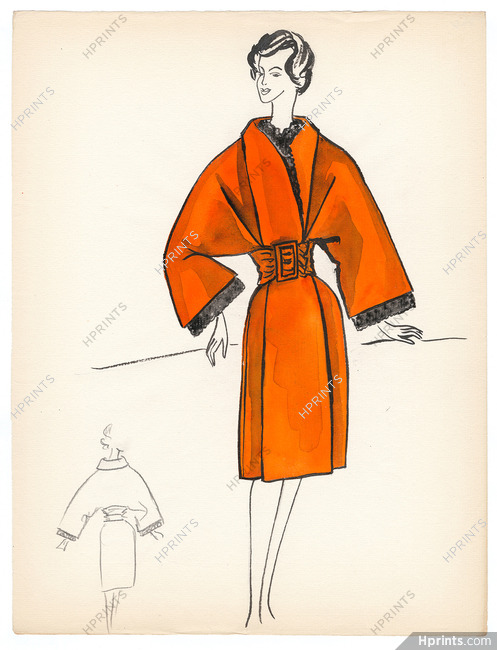 Blanche Bassia 1960 Original Fashion Drawing, Orange Coat