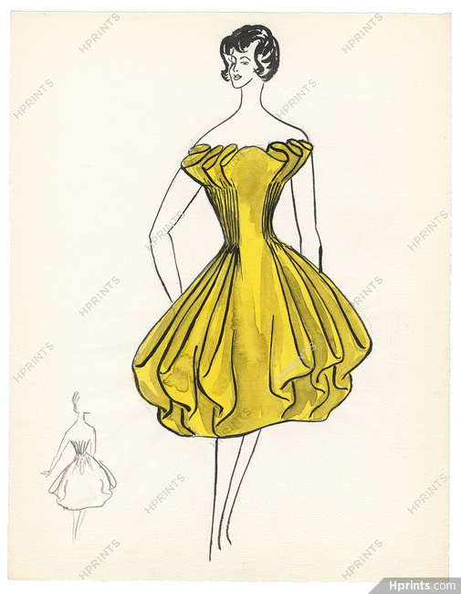 Blanche Bassia 1960 Original Fashion Drawing, Yellow Ruffled Dress
