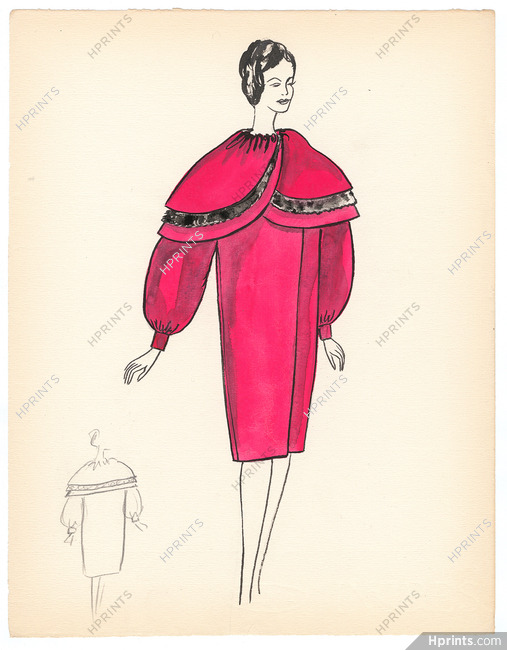 Blanche Bassia 1960 Original Fashion Drawing, Pink Coat