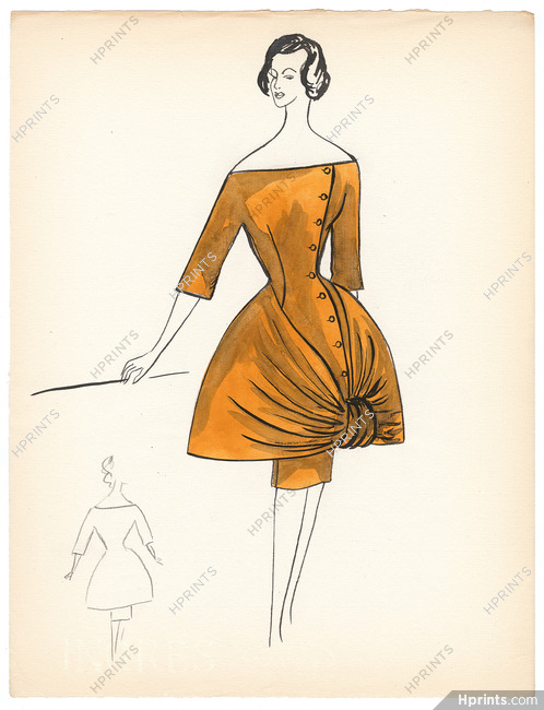 Blanche Bassia 1960 Original Fashion Drawing, Tangerine Dress With Bow