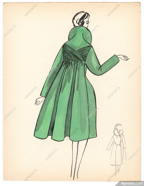 Blanche Bassia 1960 Original Fashion Drawing, Light Green Coat